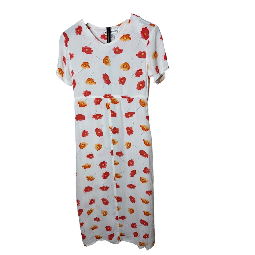 Mix Nouveau Vintage Floral Poppy Empire Waist Midi Dress White Red Orange Sz 8